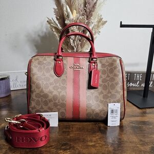 WEEKEND SALE...Coach Brown Signature Satchel with Red Trim and Stripe